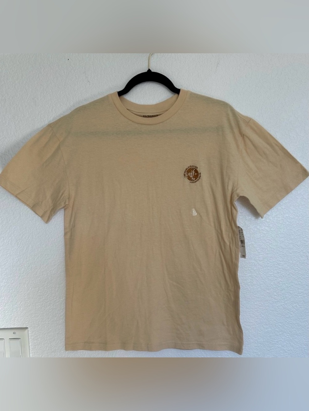 PACSUN Men's Beige Tan Basic Short Sleeve T-Shirt with small embroidered logo